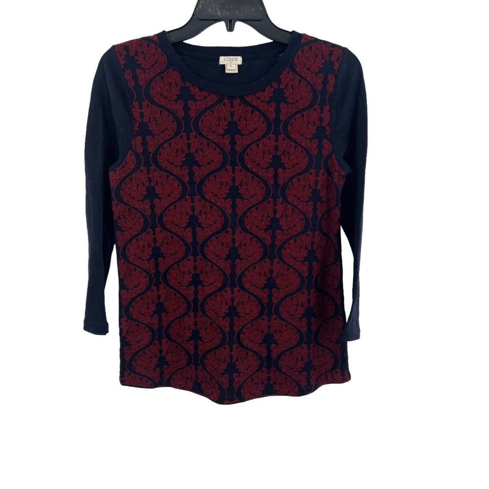 J Crew Navy Top‎ Burgundy Embroidery Small